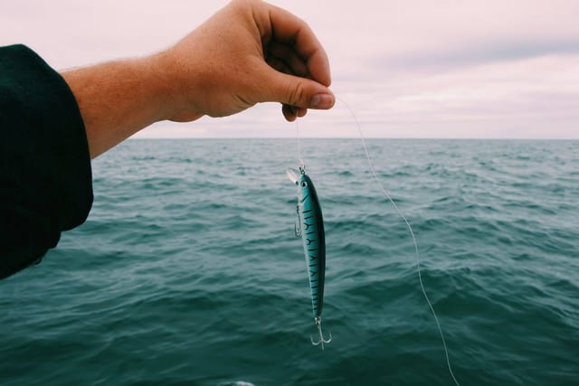 A minnow lure held over open water